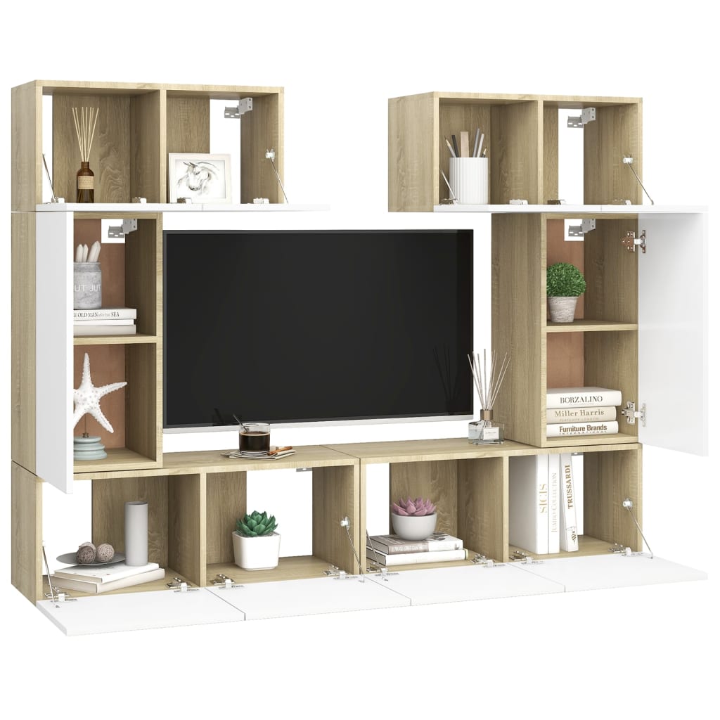 Vqu Ensemble De Meuble Tv Pcs Blanc Et Ch Ne Sonoma Agglom R