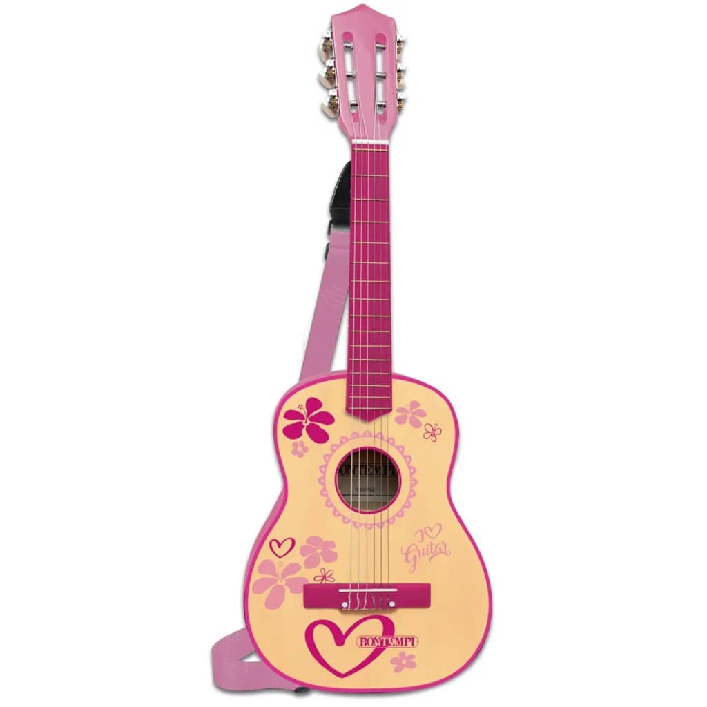 Bontempi houten gitaar met 6 snaren en schouderband 75 cm roze