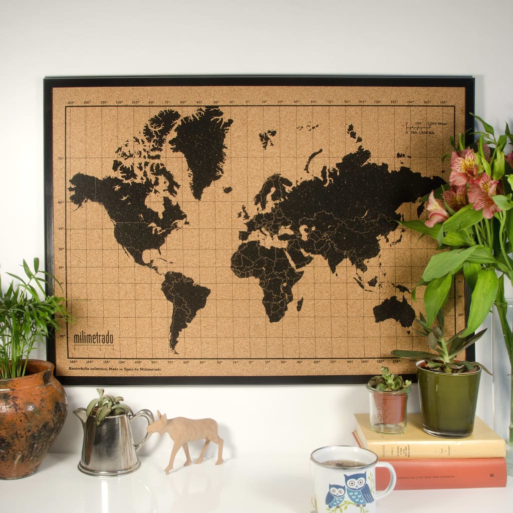 

milimetrado Wereldkaart prikbord houten frame 70x50 cm zwart en bruin