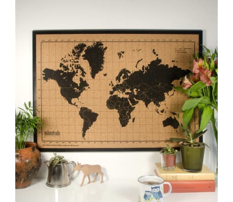 milimetrado Wereldkaart prikbord houten frame 70x50 cm zwart en bruin