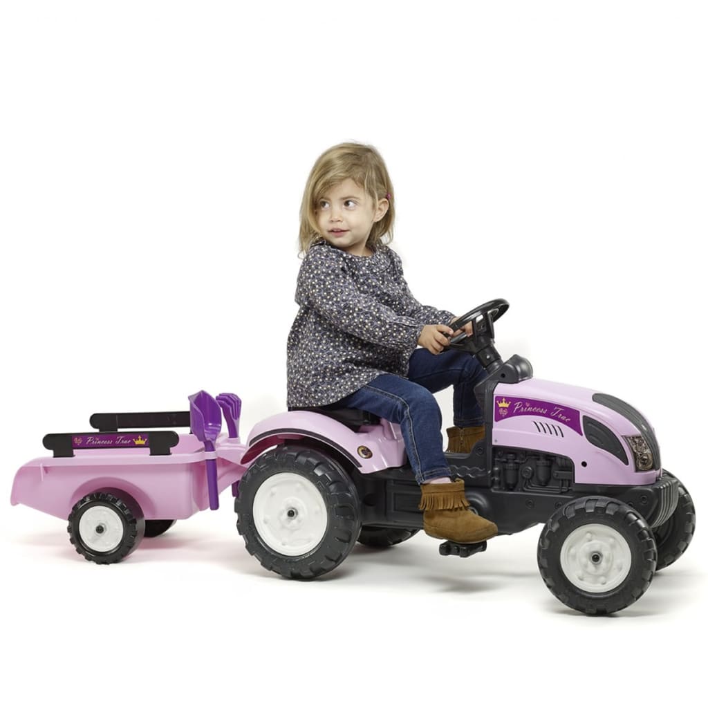 FALK Speelgoedtractor met pedalen Princess Trac met aanhanger roze