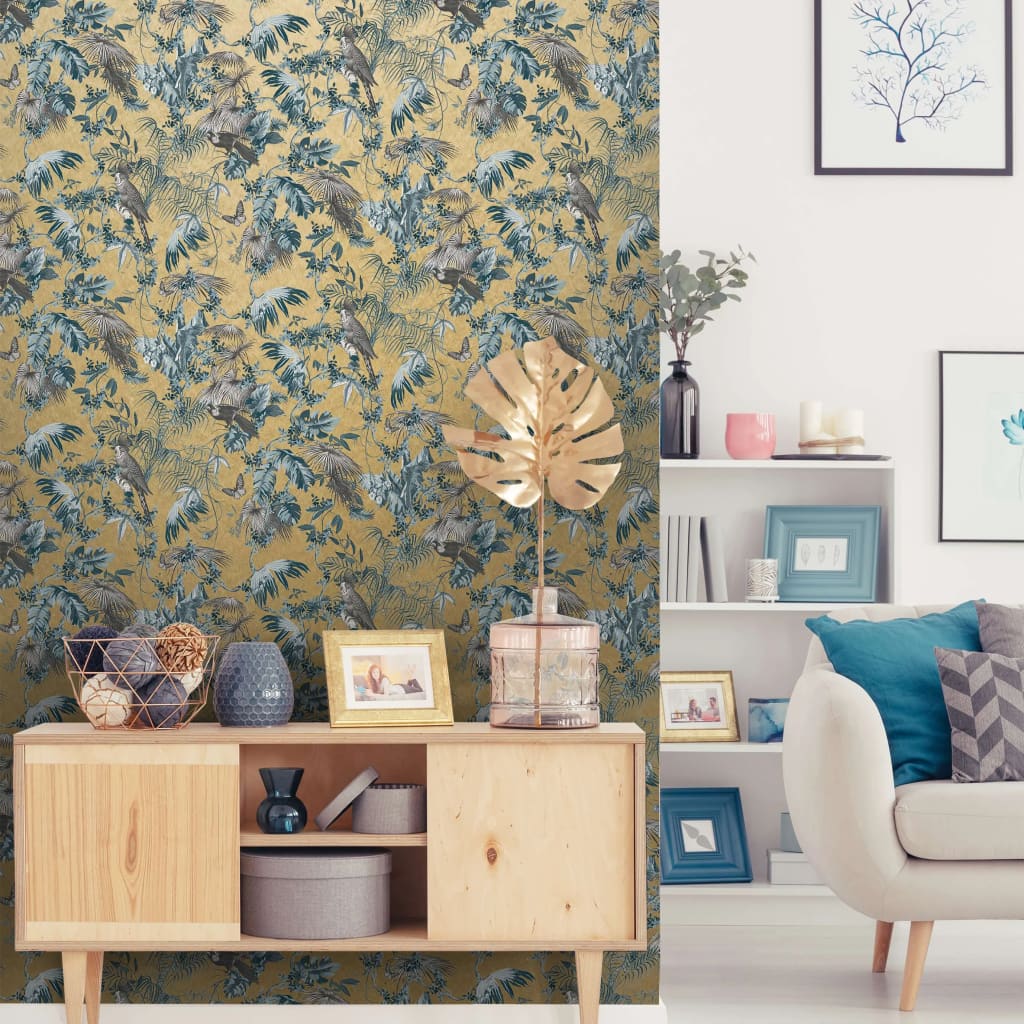 DUTCH WALLCOVERINGS Wallpaper Leaves and Birds Blue and Gold