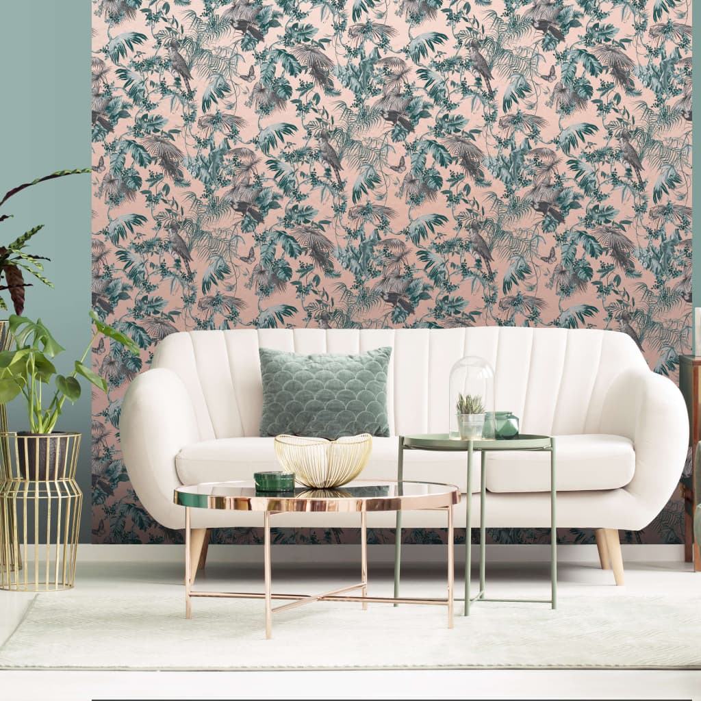 

DUTCH WALLCOVERINGS Behang bladeren en vogels groen en roze