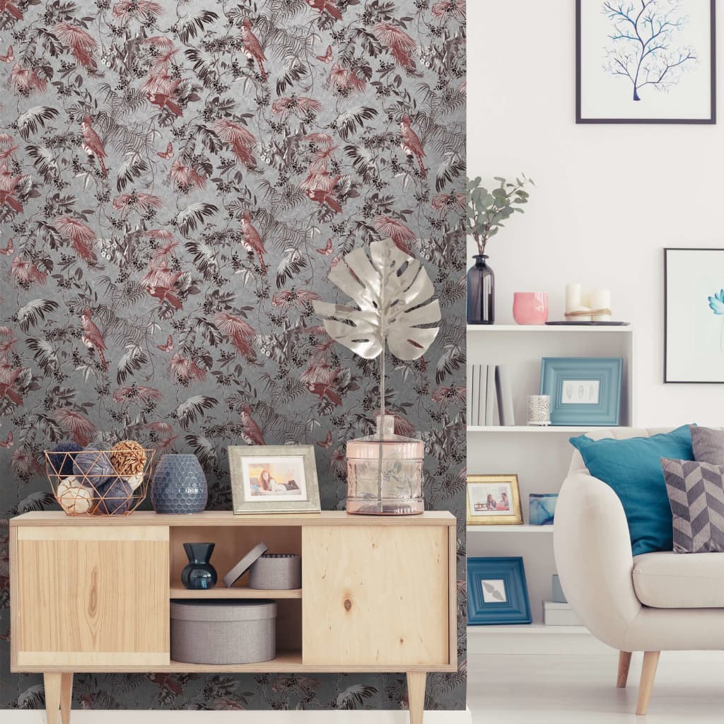 

DUTCH WALLCOVERINGS Behang bladeren en vogels rood en zilverkleurig