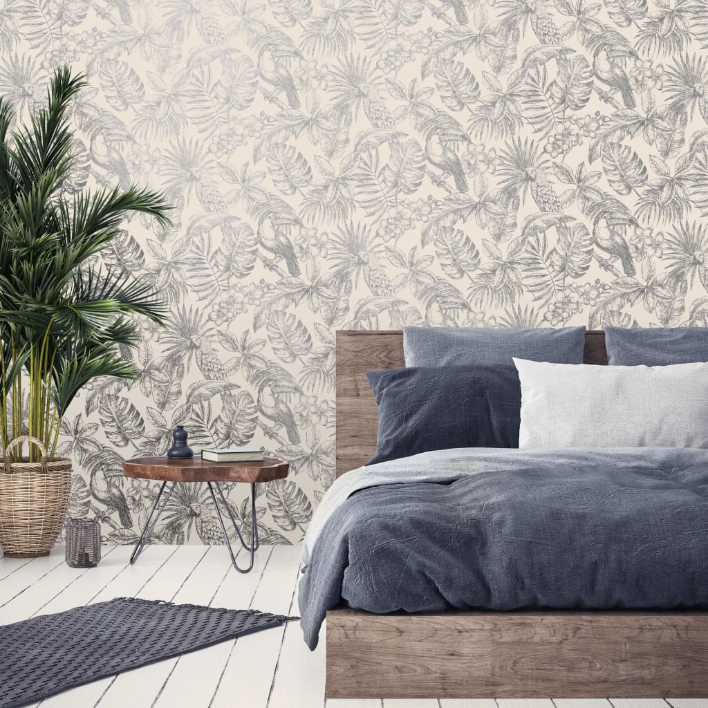 

DUTCH WALLCOVERINGS Behang bladeren en vogels wit en zilverkleurig