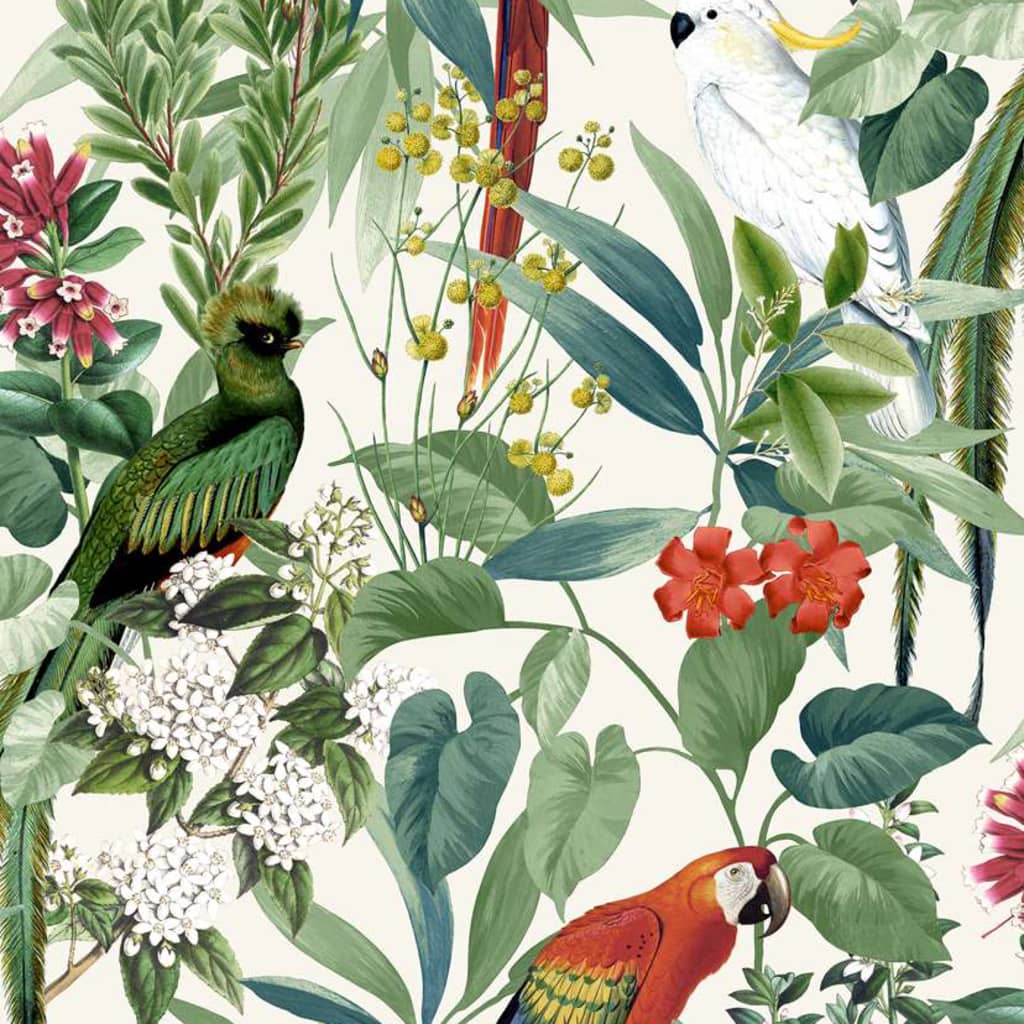 DUTCH WALLCOVERINGS Papier peint Oiseaux tropicaux Blanc et vert