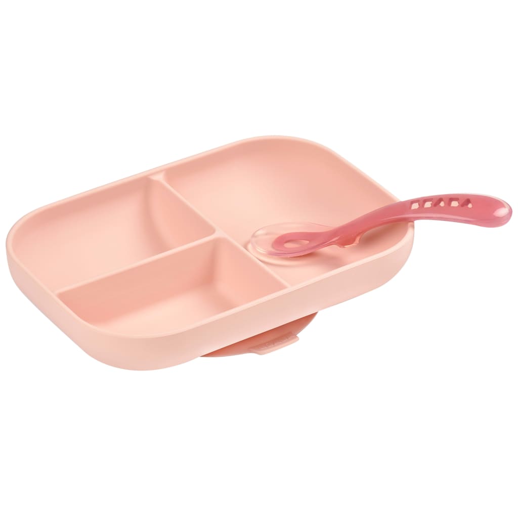 Beaba 2 Piece Compartment Baby Plate Set Silicone Pink