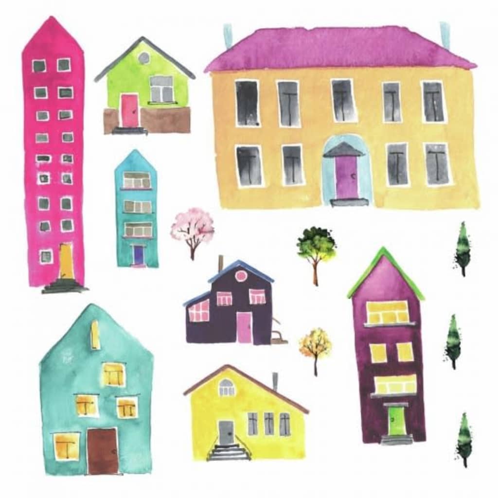 Afbeelding RoomMates muurstickers xl Watercolor Village vinyl 14 stuks door Vidaxl.nl