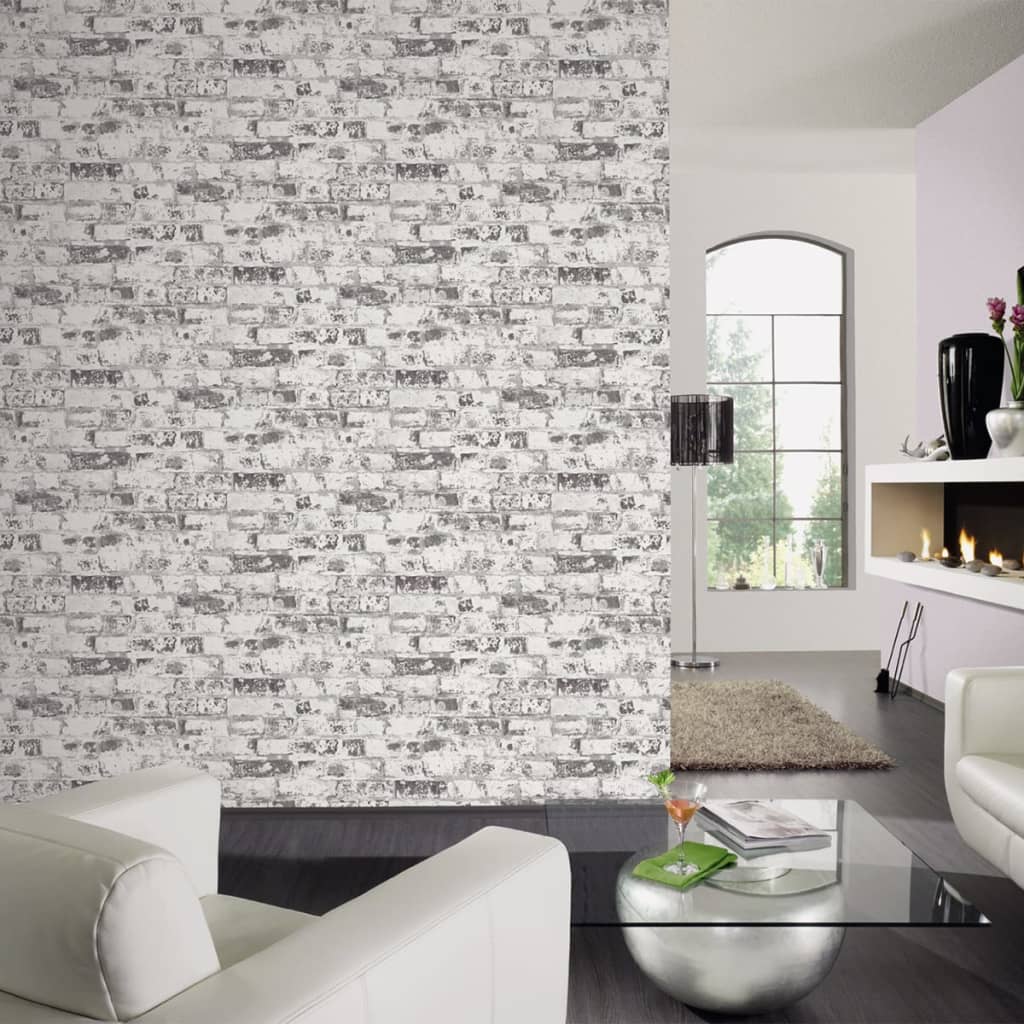 DUTCH WALLCOVERINGS Behang baksteen wit en grijs 42507-10