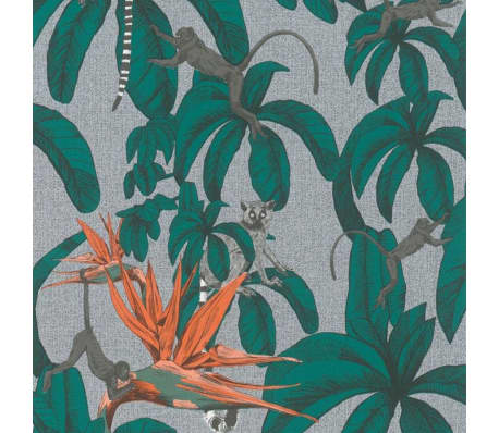 Noordwand Wallpaper Topchic Monkey Jungle Leaves Green and Grey