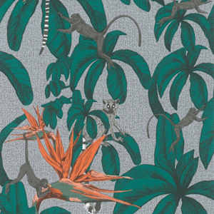 Noordwand Wallpaper Topchic Monkey Jungle Leaves Green and Grey