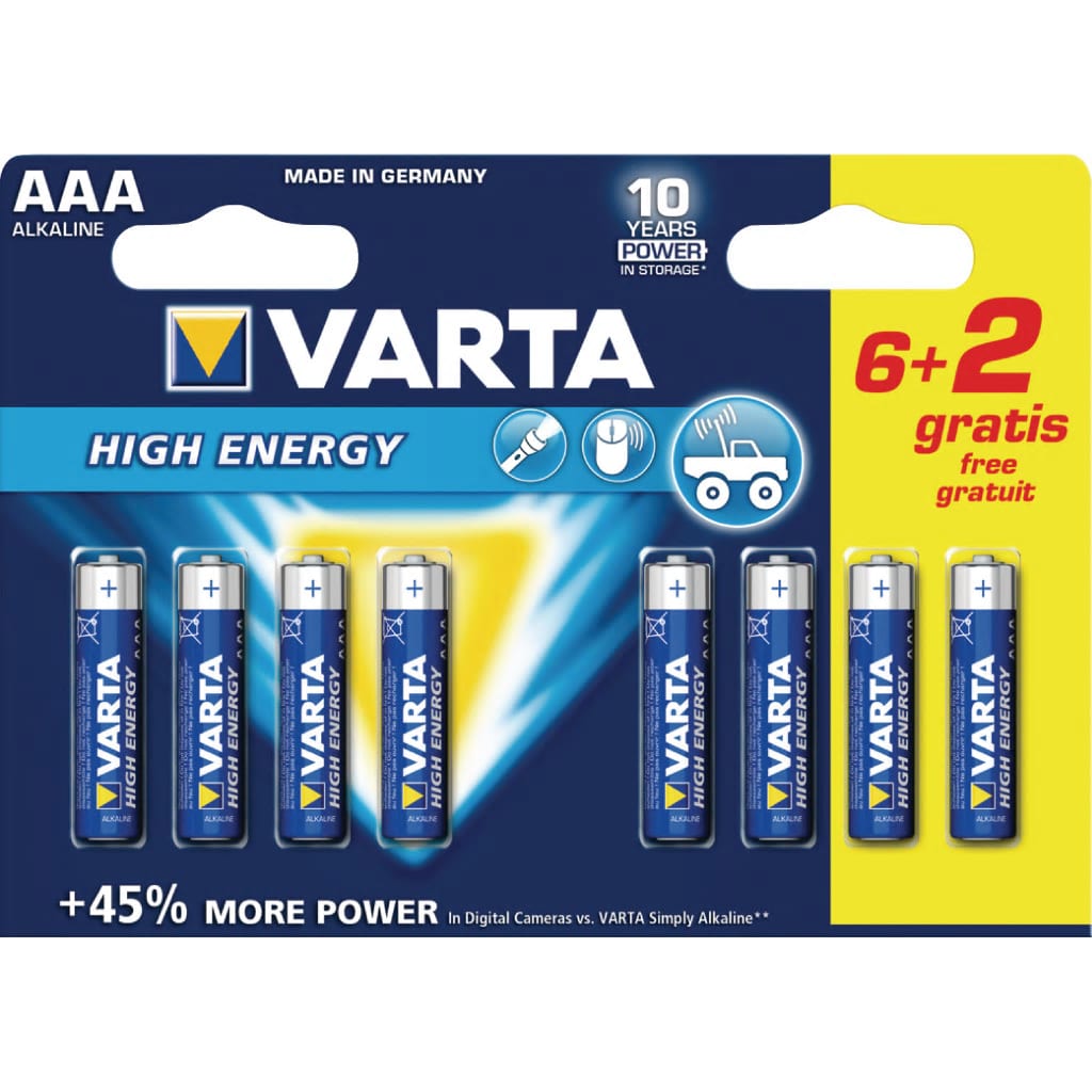 Afbeelding Varta 4903 so Batterij Alkaline Aaa/lr03 1.5 V High Energy 6+2-blister door Vidaxl.nl