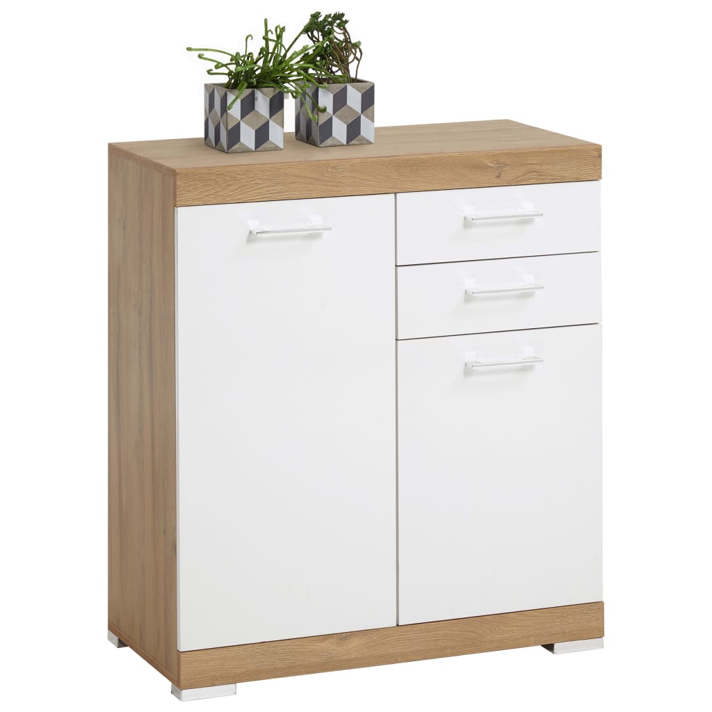 FMD Kast met 2 deuren en 2 lades 80x34,9x89,9 cm wit en eikenkleur