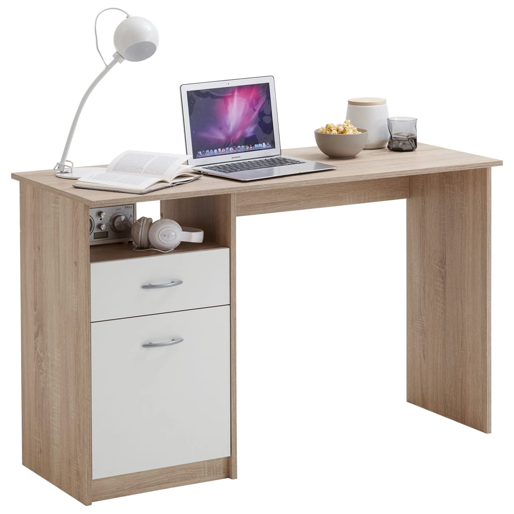 4: FMD skrivebord med 1 skuffe 123 x 50 x 76,5 cm egetræsfarve og hvid