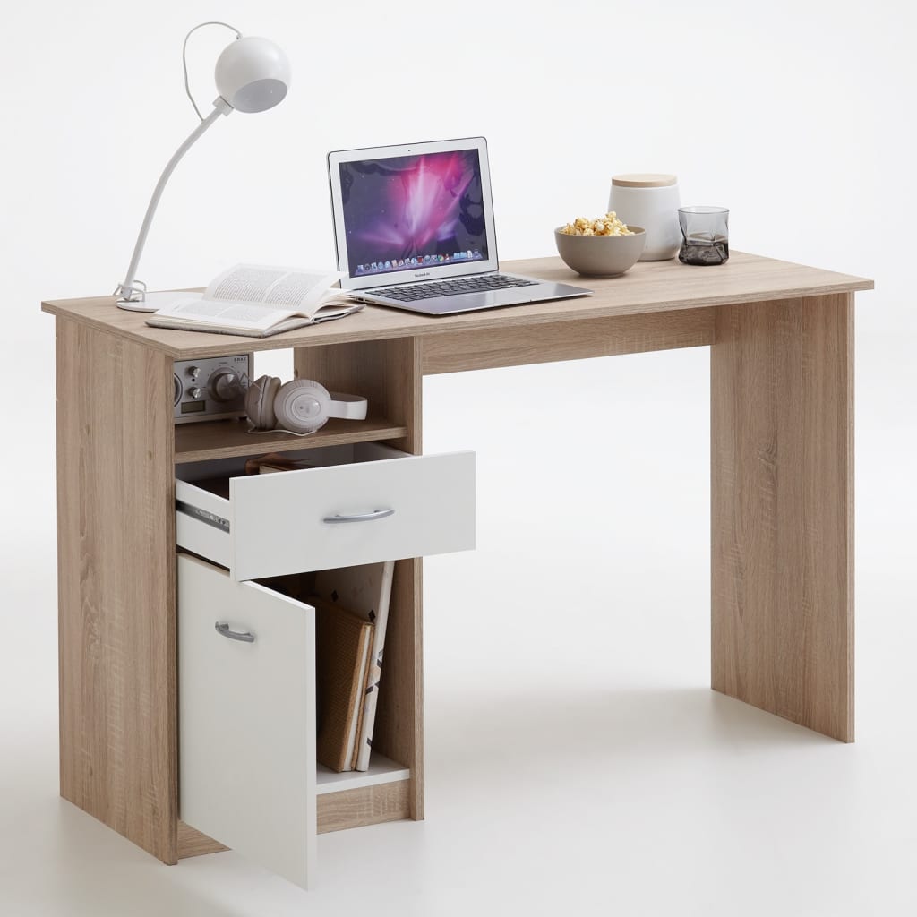 FMD egyfiókos tölgyszínű és fehér íróasztal 123 x 50 x 76,5 cm 