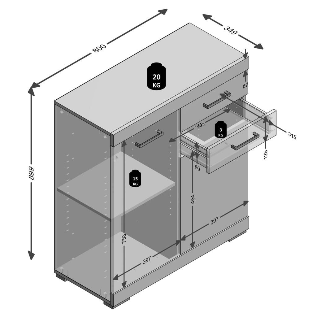 FMD Prádelník se 2 dveřmi a 2 zásuvkami 80x34,9x89,9cm betonová a bílá