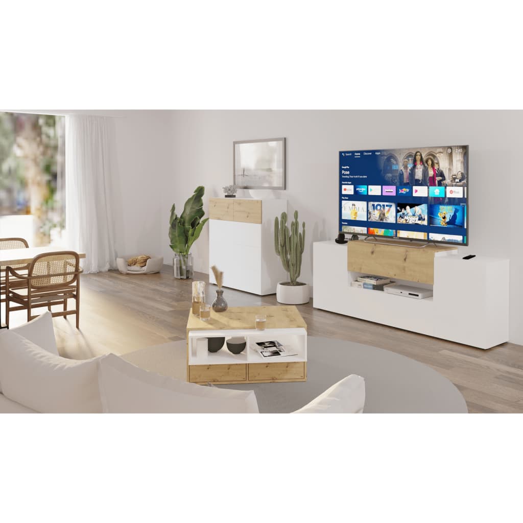 FMD tv-møbel 182x33x70,2 cm hvid og egetræsfarve