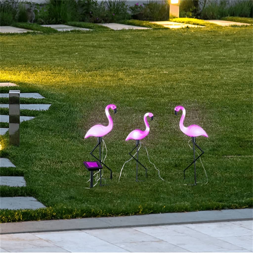 HI Lampă solară de grădină cu LED și țăruș, flamingo, 3 buc.