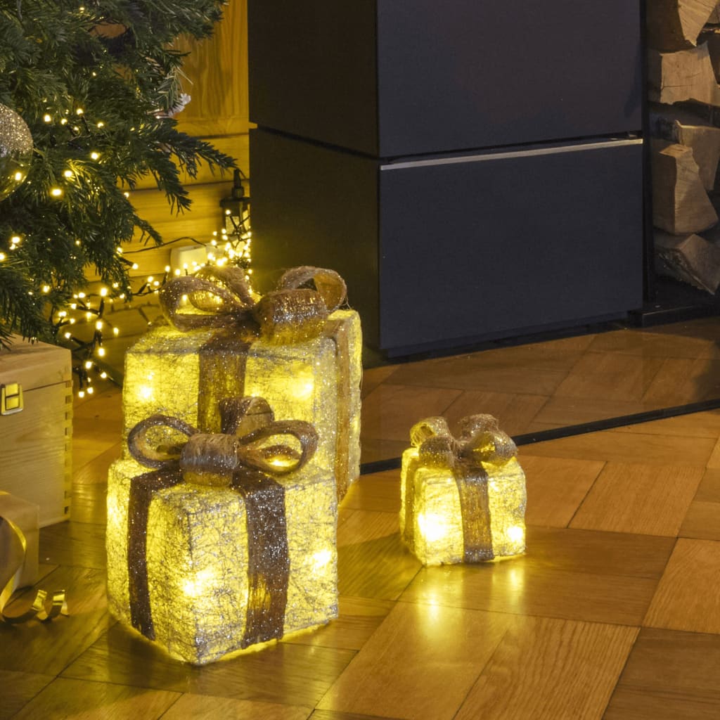 

HI Kerstverlichting geschenkdoos met goudkleurige linten 3 st LED