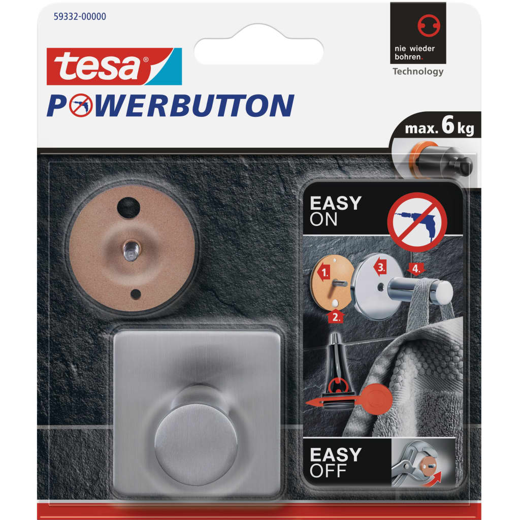 Tesa 1x Powerbutton chroom vierkante haak large - Klusbenodigdheden -