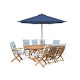 Conjunto de jardim - Mesa, 8 cadeiras com almofadas azul claro e guard