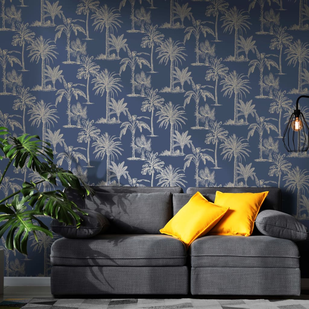 

DUTCH WALLCOVERINGS Behang Tropical Trees marineblauw en zilverkleurig