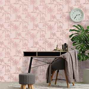 DUTCH WALLCOVERINGS Papel pintado &aacute;rboles tropicales rosa