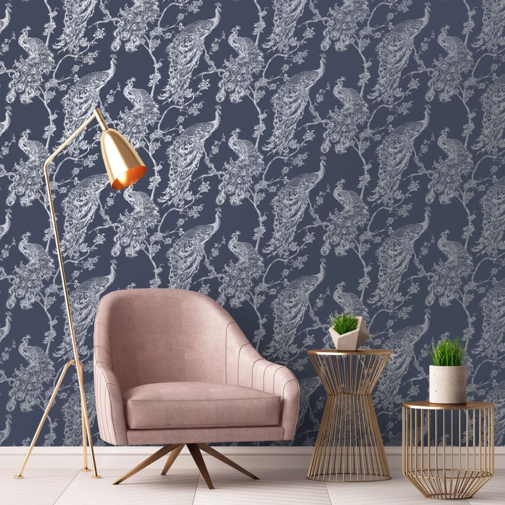 DUTCH WALLCOVERINGS Papier peint Paon Bleu marine et argenté