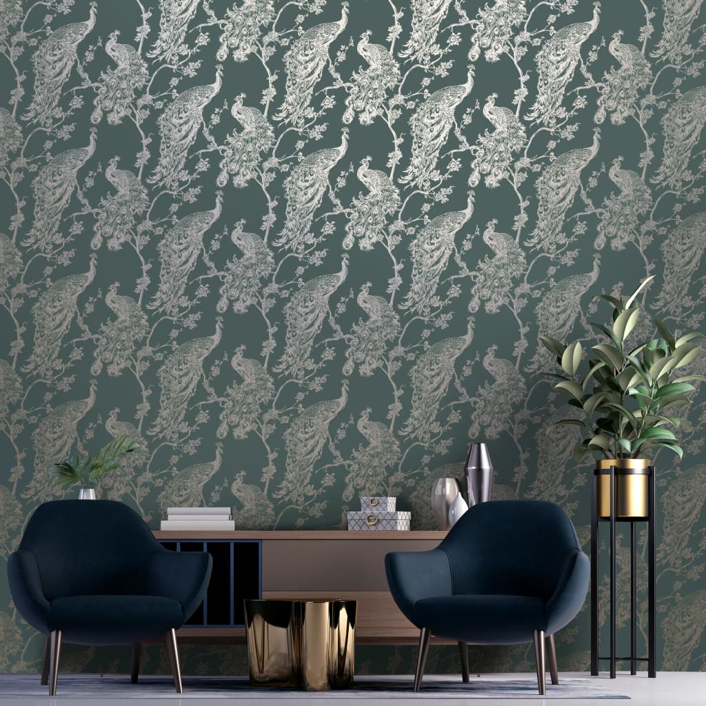 

DUTCH WALLCOVERINGS Behang Peacock groen en zilverkleurig