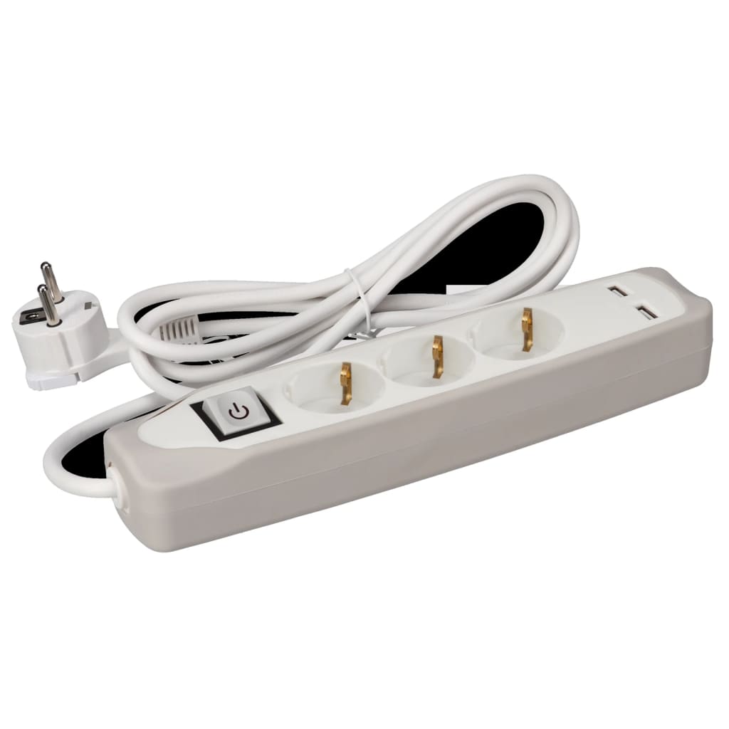Perel Contactdoos met 2 USB-poorten 3-voudig Schuko grijs en wit