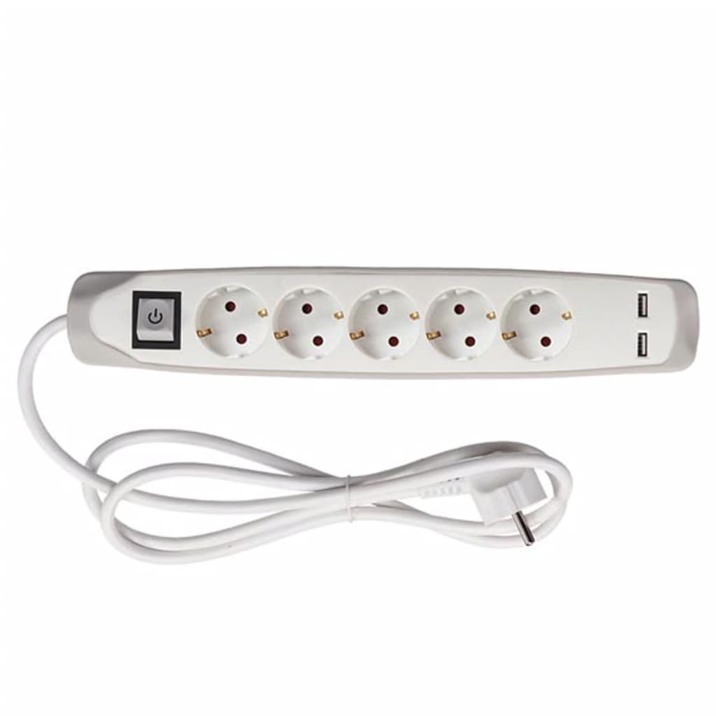 

Perel Contactdoos met 2 USB-poorten 5-voudig Schuko grijs en wit