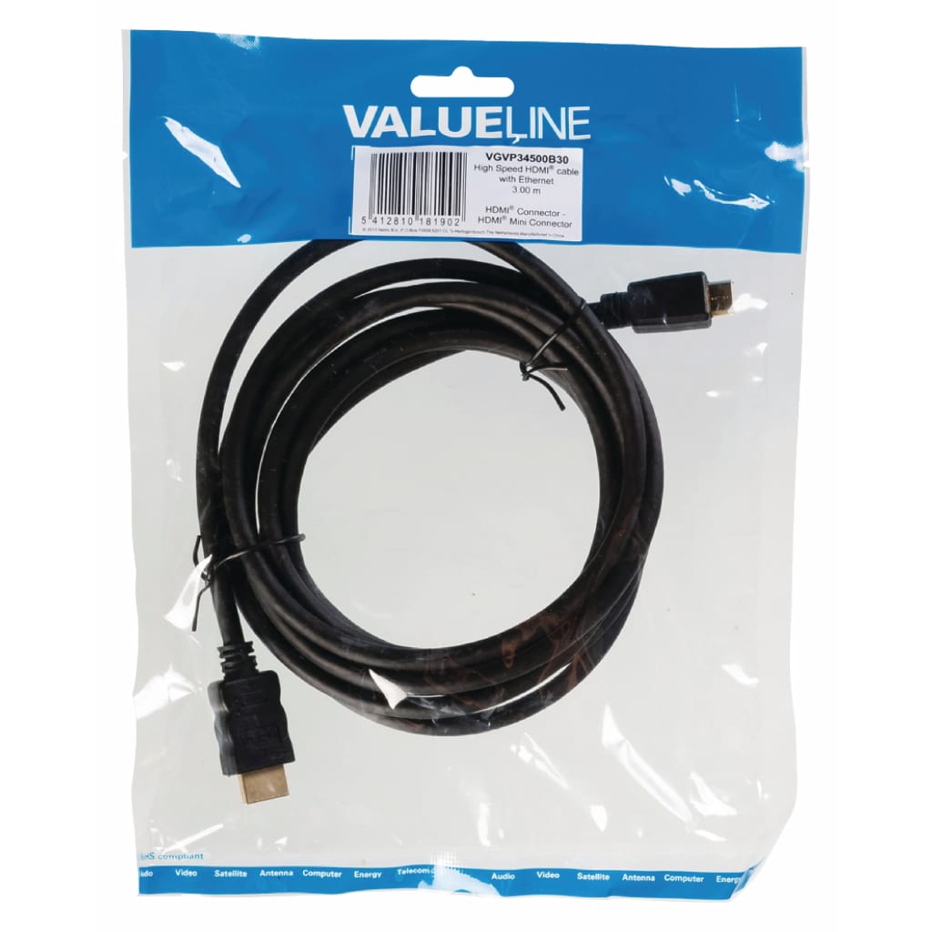 Valueline HDMI - mini HDMI Kabel Verguld met ethernet 3m