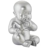 Beeld 'BABY', zittende baby in zilverkleurig polyhars