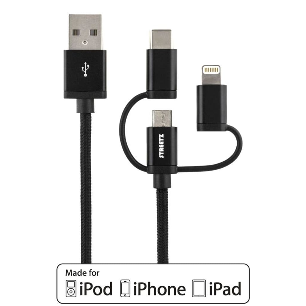 Streetz 3i1 Usb-synk/laddarkabel,universal,usb-2.0, 2.4a/12w,mfi,svart