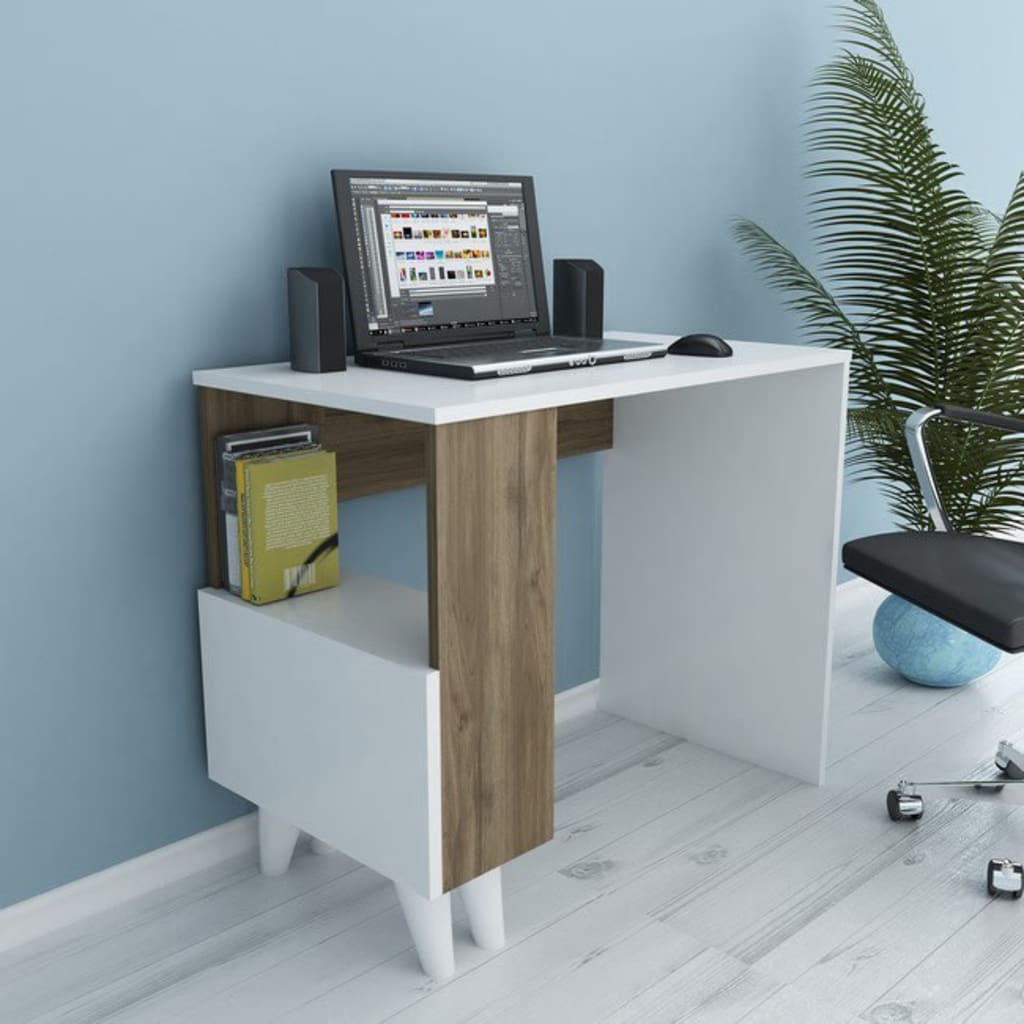 Homemania Bureau d'ordinateur Paris 90x50x75 cm Blanc et noyer