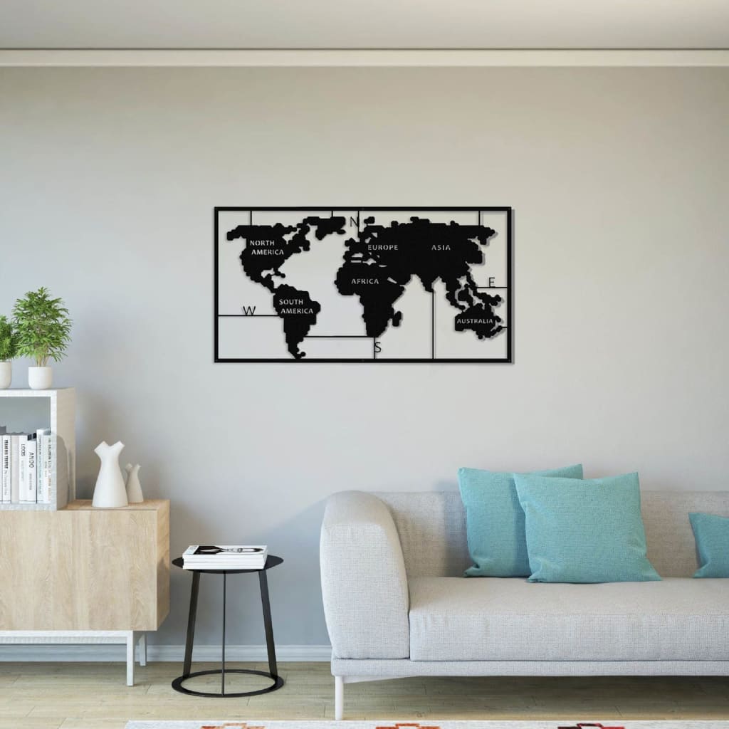 

Homemania Wanddecoratie World Map 90x55 cm metaal zwart
