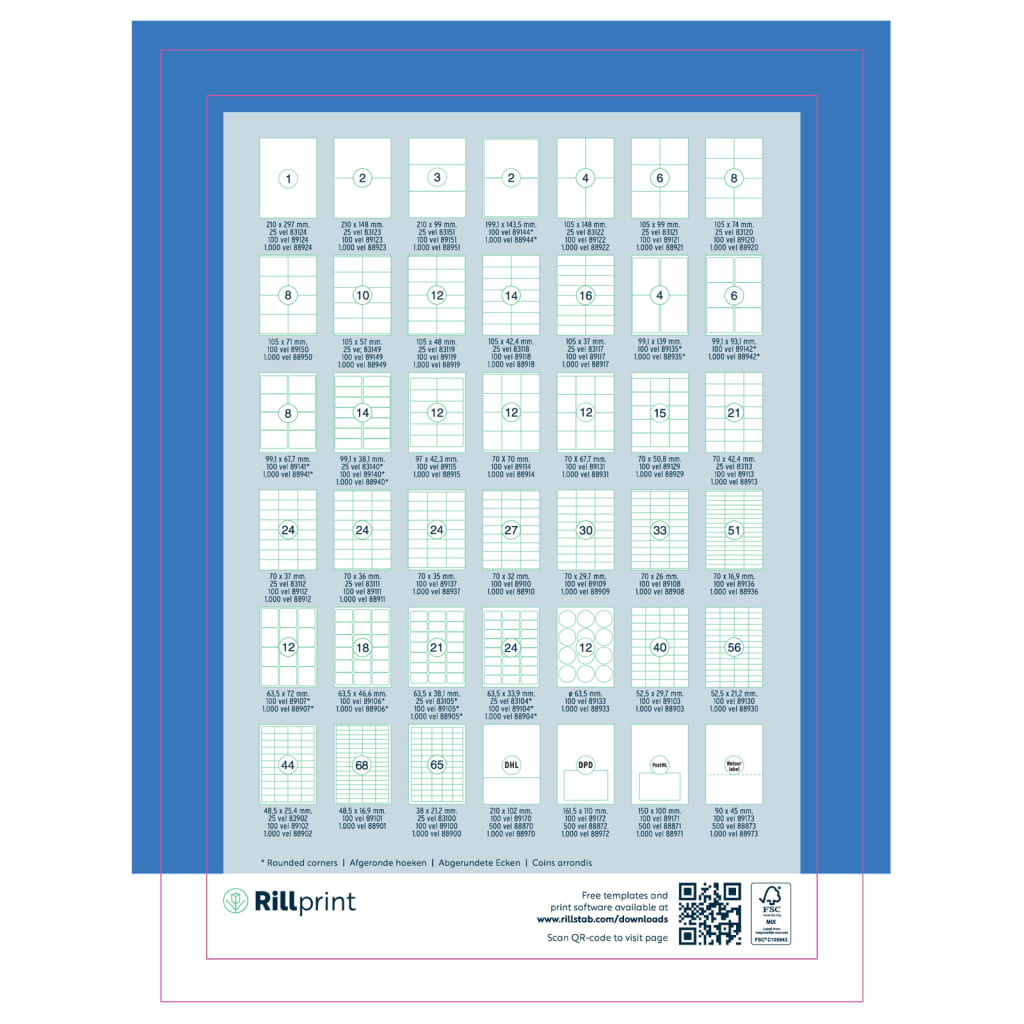 rillprint Etykiety samoprzylepne, 210x297 mm, 500 arkuszy, białe