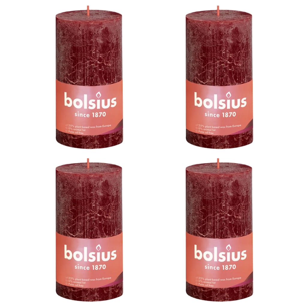 Bolsius Candele Rustiche a Colonna Shine 4 pz 130x68mm Rosso Vellutato