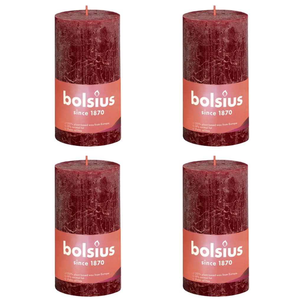 Bolsius Pilarikynttilät Shine 4 kpl rustiikkinen 130×68 mm punainen