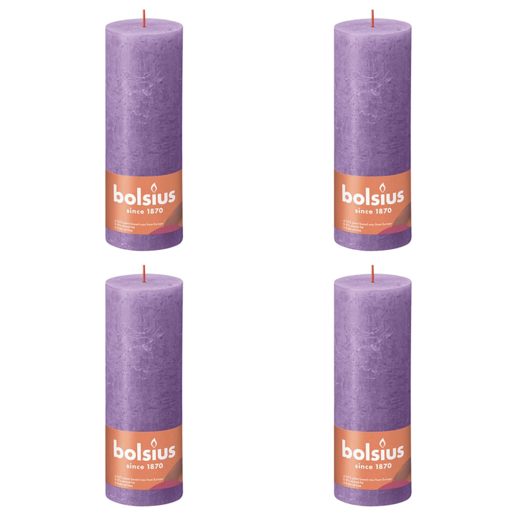 Bolsius Pilarikynttilät Shine 4 kpl rustiikkinen 190×68 mm violetti