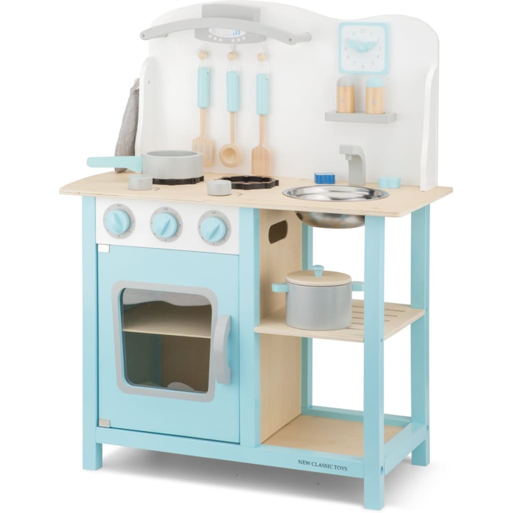 Afbeelding New Classic Toys Houten Speelgoed Keuken - Bon Appetit - Blauw - Aanrechthoogte is 46 door Vidaxl.nl