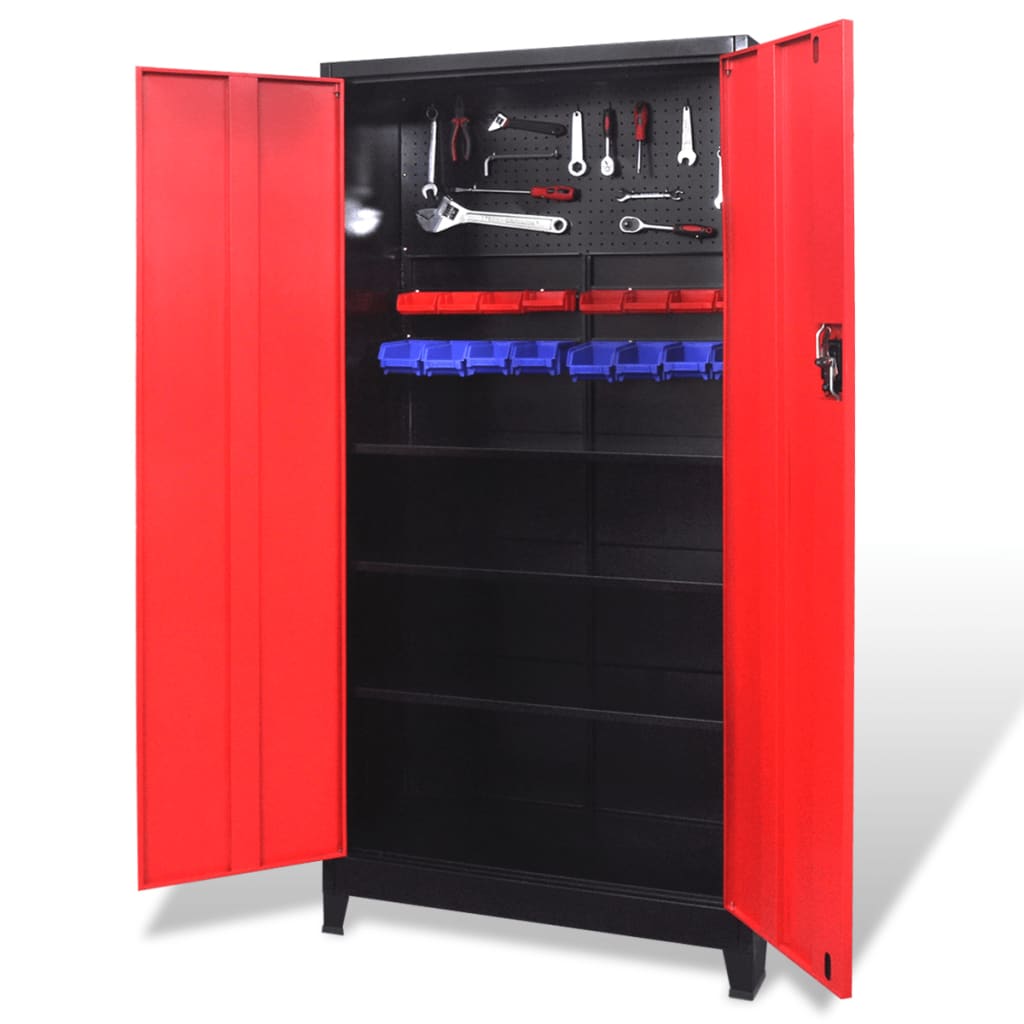 

vidaXL Gereedschapskast met 2 deuren 90x40x180 cm staal zwart en rood