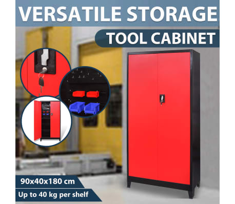 Vidaxl Tool Cabinet W 2 Doors Steel 90x40x180cm Black And Red