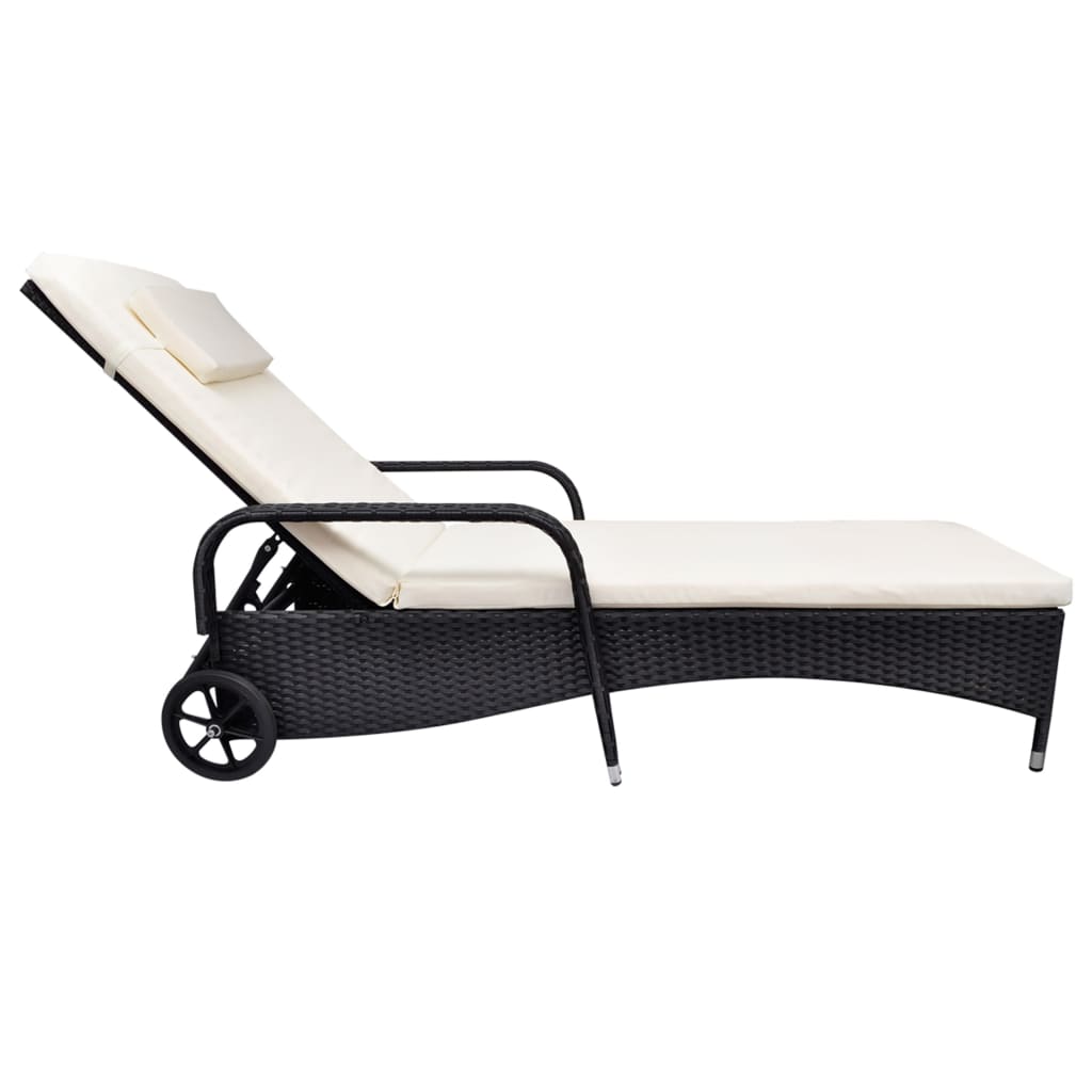 vidaXL Ligbed met kussen en wieltjes poly rattan zwart afbeelding