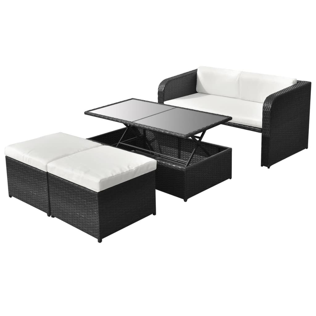 vidaXL Set mobilier de grădină cu perne, 4 piese, negru, poliratan