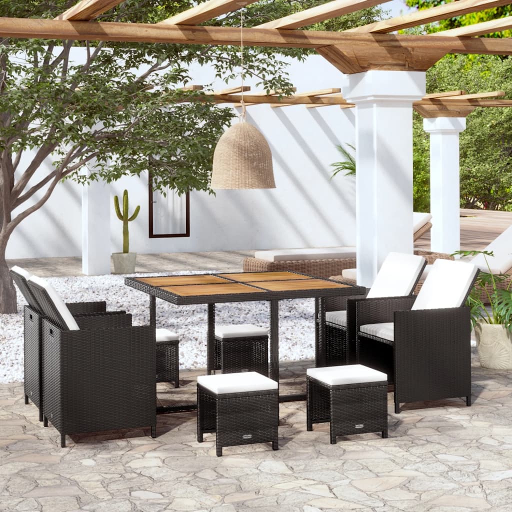 Vidaxl Set Mobilier De Exterior, 9 Piese Negru, Poliratan, Lemn Acacia