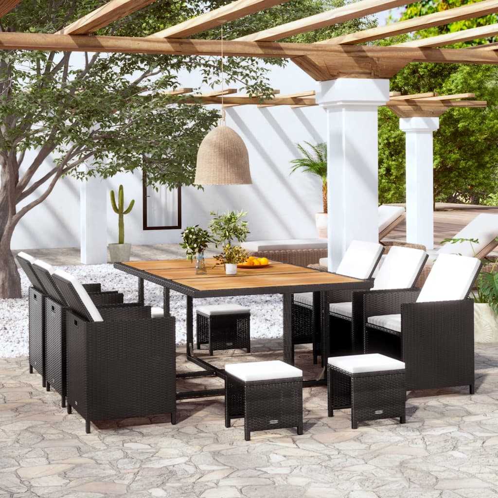 vidaXL Set mobilier de exterior 11 piese negru, poliratan, lemn acacia