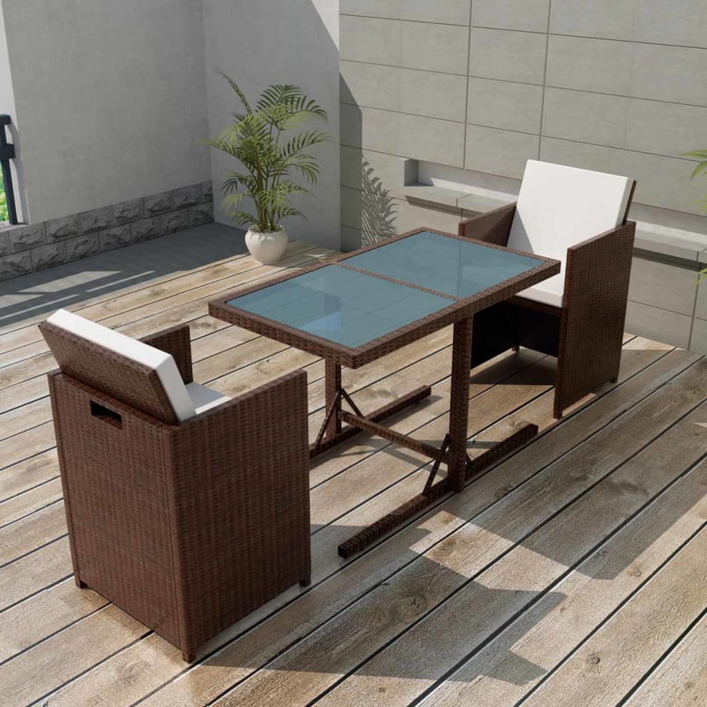 vida XL 3-tlg. Bistro-Set mit Kissen Poly Rattan Braun