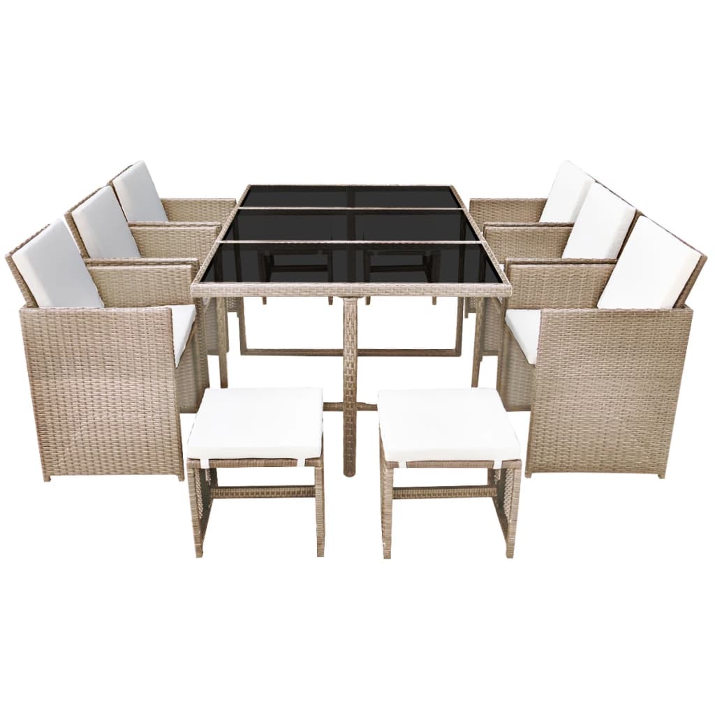 

vidaXL 11-delige Tuinset met kussens poly rattan beige