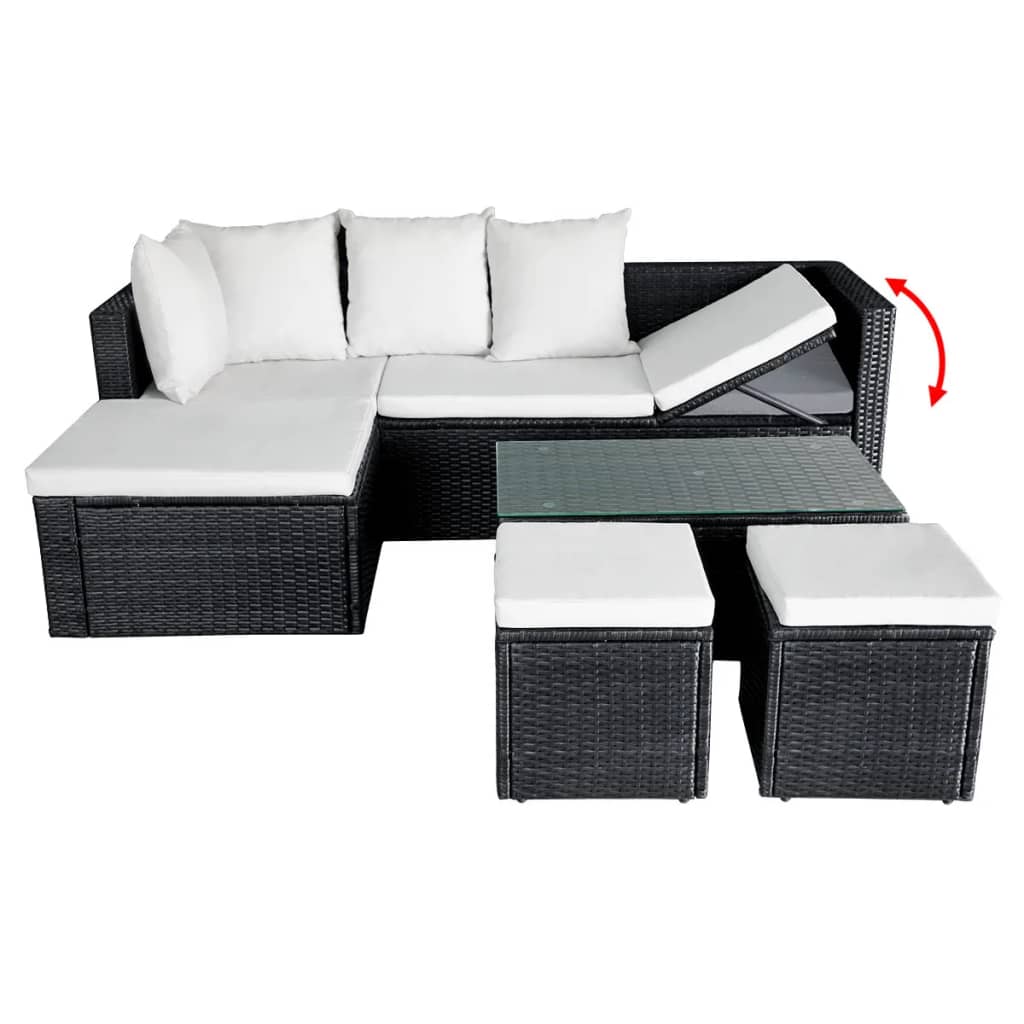 Set mobilier de grădină cu perne, 4 piese, negru, poliratan